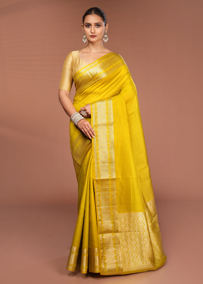 Yellow Kora Silk Saree With Blouse Piece