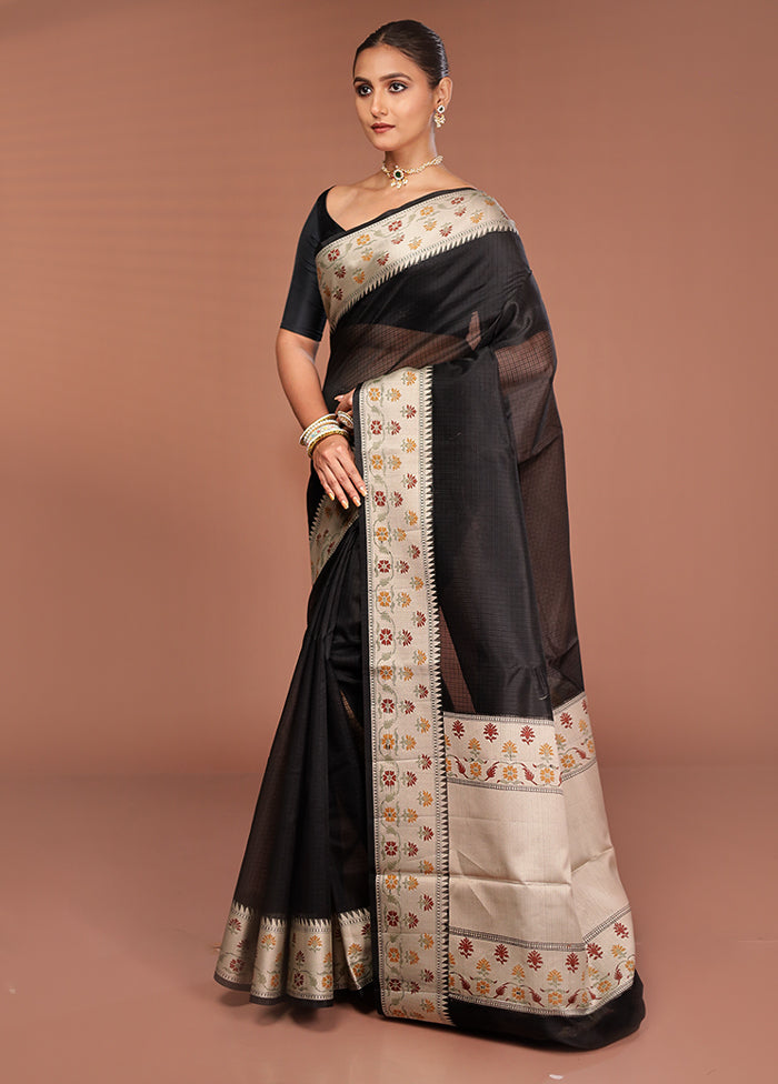 Black Kora Silk Saree With Blouse Piece