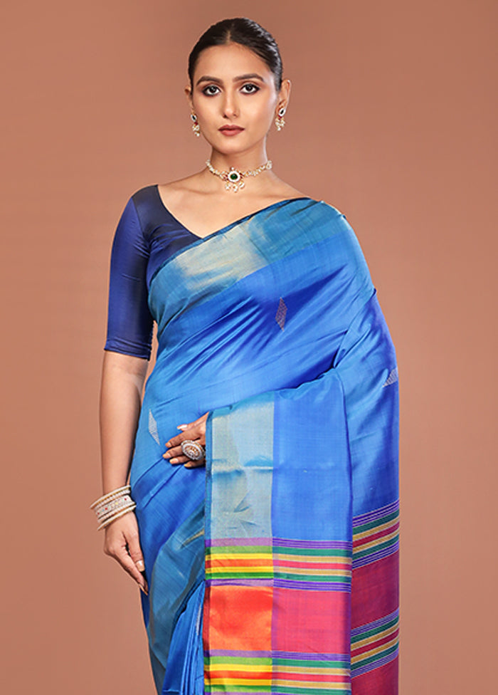 Blue Handloom Kalakshetra Pure Silk Saree With Blouse Piece