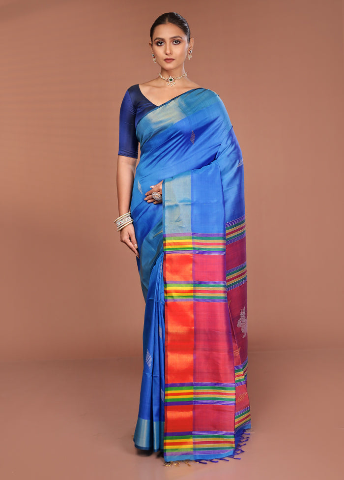 Blue Handloom Kalakshetra Pure Silk Saree With Blouse Piece
