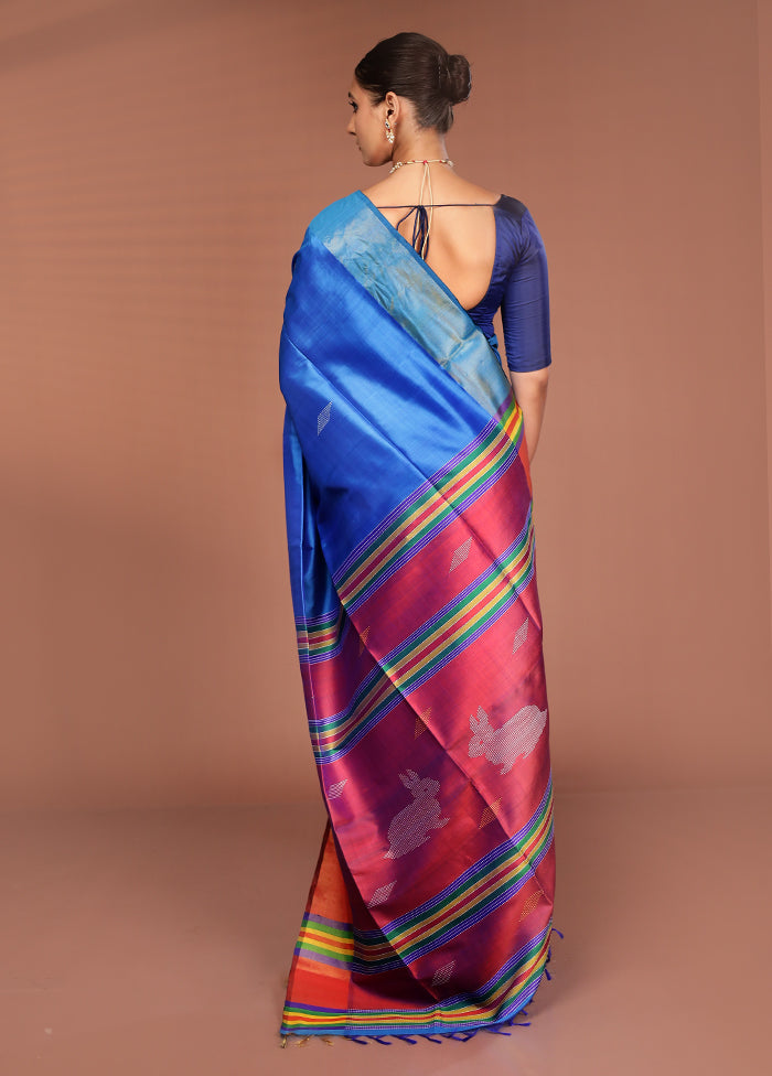Blue Handloom Kalakshetra Pure Silk Saree With Blouse Piece