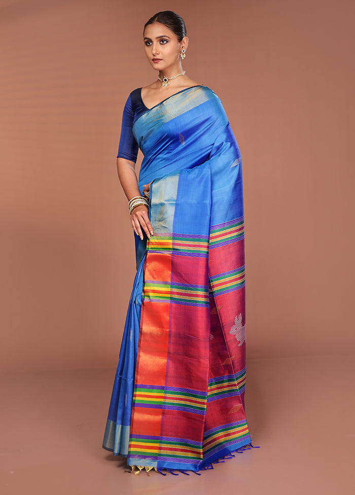 Blue Handloom Kalakshetra Pure Silk Saree With Blouse Piece