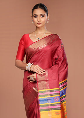 Maroon Handloom Kalakshetra Pure Silk Saree With Blouse Piece