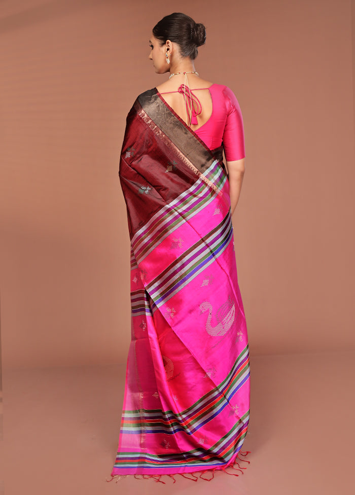 Maroon Handloom Kalakshetra Pure Silk Saree With Blouse Piece
