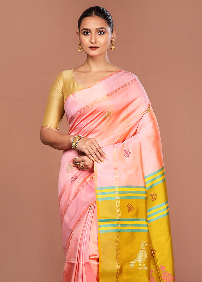 Peach Handloom Kalakshetra Pure Silk Saree With Blouse Piece