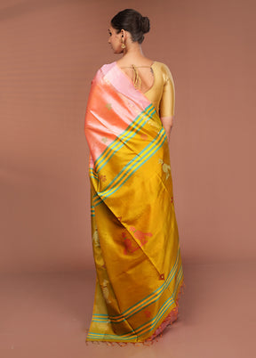 Peach Handloom Kalakshetra Pure Silk Saree With Blouse Piece