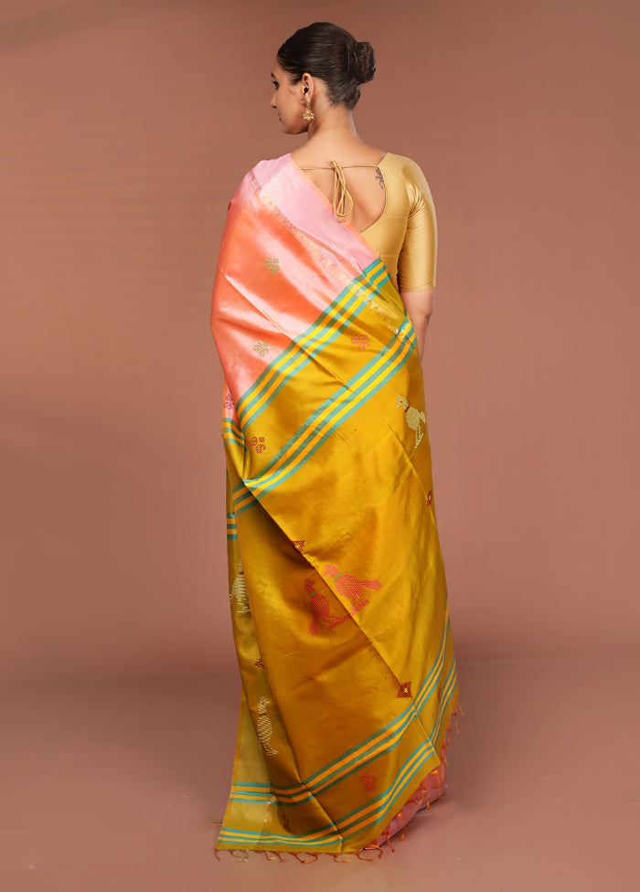 Peach Handloom Kalakshetra Pure Silk Saree With Blouse Piece