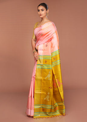 Peach Handloom Kalakshetra Pure Silk Saree With Blouse Piece