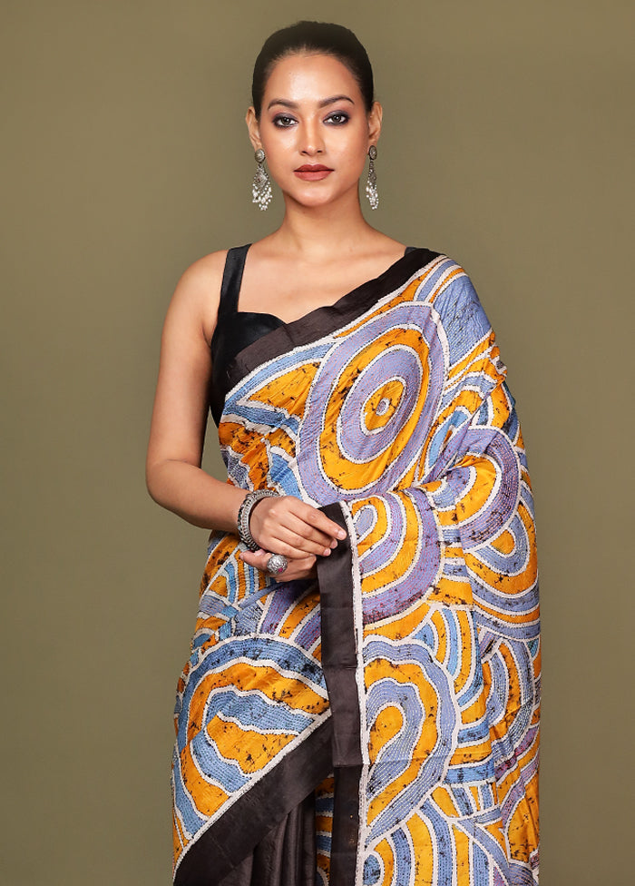 Yellow Handloom Printed Pure Silk Saree Without Blouse Piece