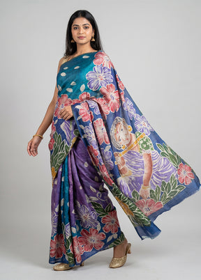 Blue Handloom Tussar Pure Silk Saree With Blouse Piece