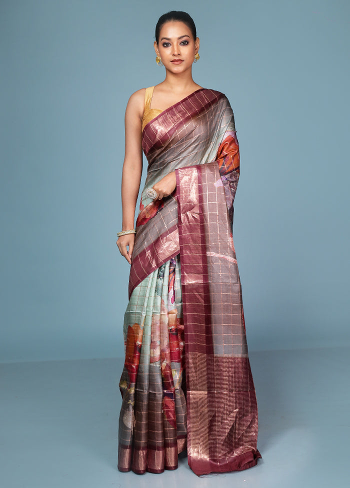 Multicolor Handloom Tussar Pure Silk Saree With Blouse Piece