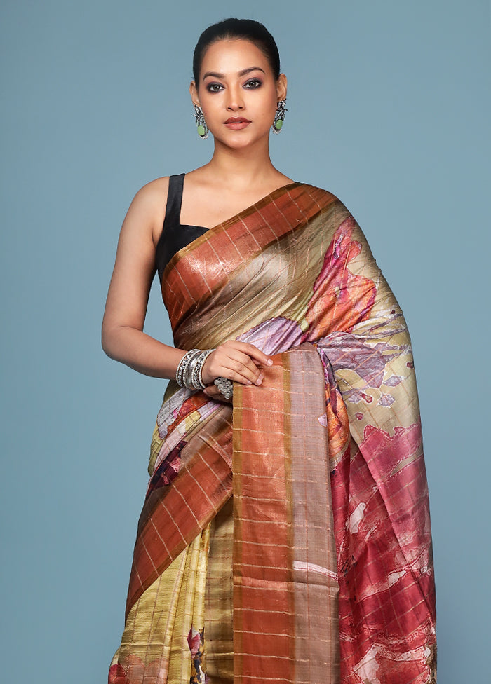 Green Handloom Tussar Pure Silk Saree With Blouse Piece