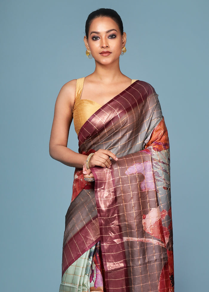 Purple Handloom Tussar Pure Silk Saree With Blouse Piece