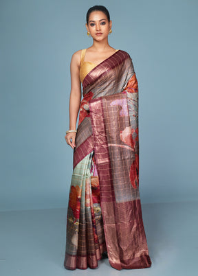 Purple Handloom Tussar Pure Silk Saree With Blouse Piece