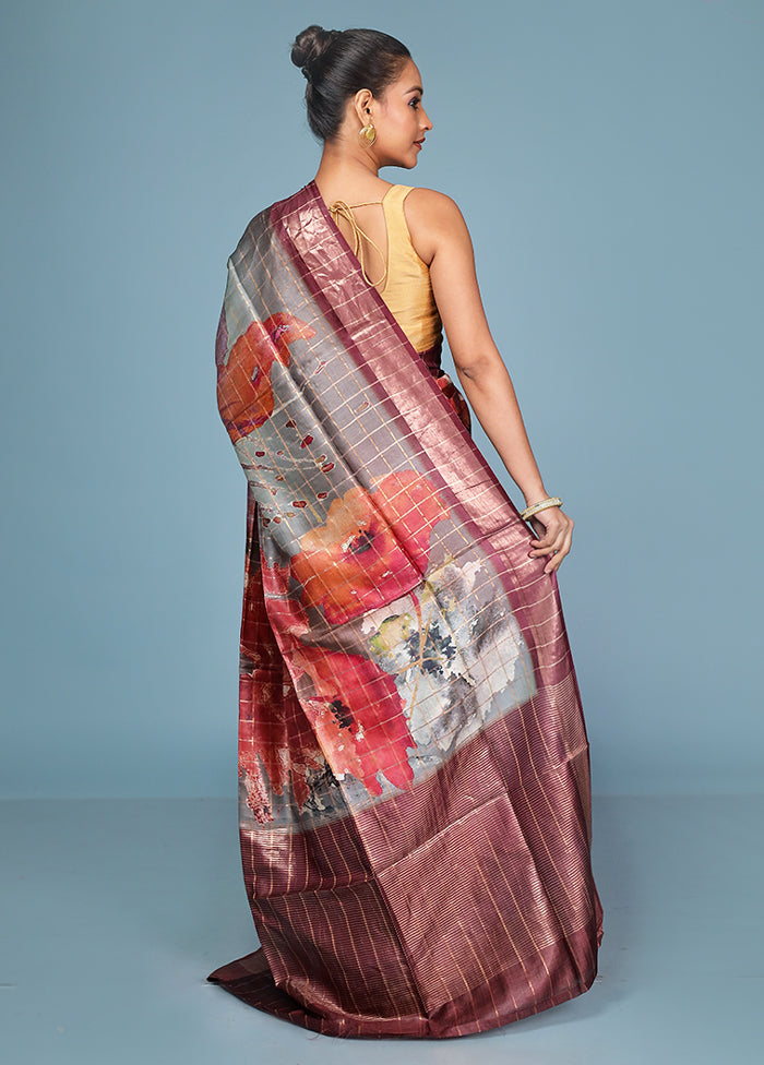 Purple Handloom Tussar Pure Silk Saree With Blouse Piece