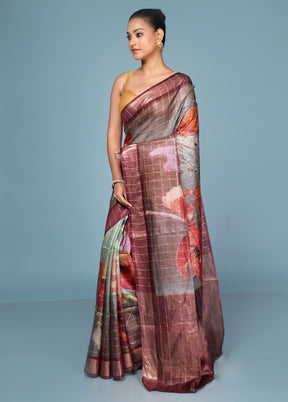 Purple Handloom Tussar Pure Silk Saree With Blouse Piece