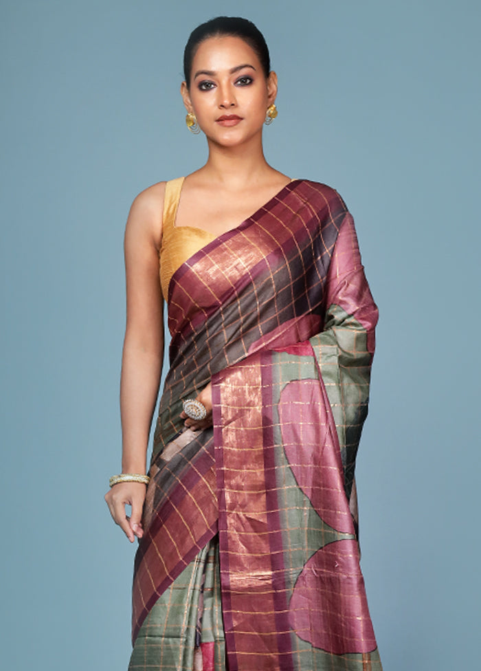 Multicolor Handloom Tussar Pure Silk Saree With Blouse Piece