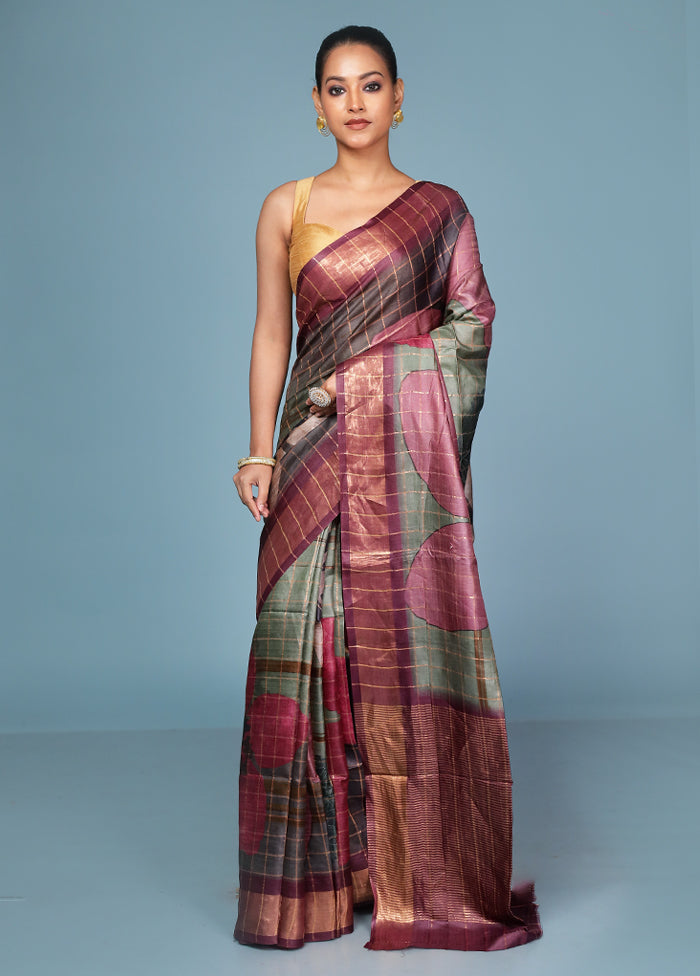 Multicolor Handloom Tussar Pure Silk Saree With Blouse Piece