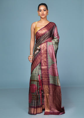 Multicolor Handloom Tussar Pure Silk Saree With Blouse Piece