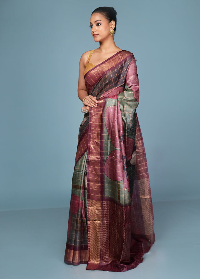 Multicolor Handloom Tussar Pure Silk Saree With Blouse Piece