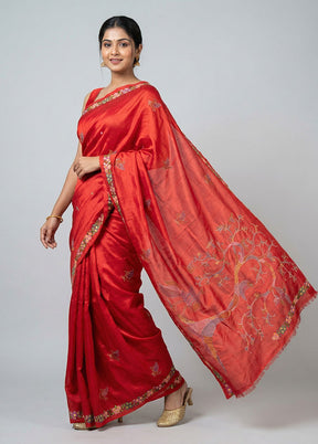 Red Handloom Tussar Pure Silk Saree With Blouse Piece