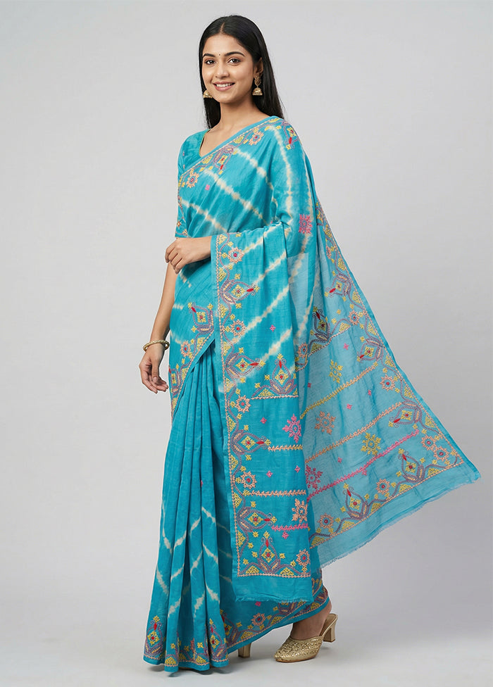 Blue Handloom Tussar Pure Silk Saree With Blouse Piece