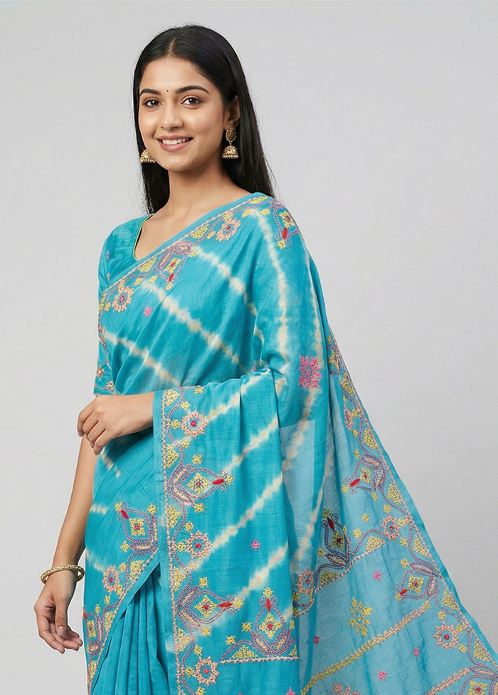 Blue Handloom Tussar Pure Silk Saree With Blouse Piece