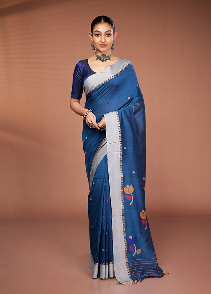 Blue Matka Silk Saree With Blouse Piece