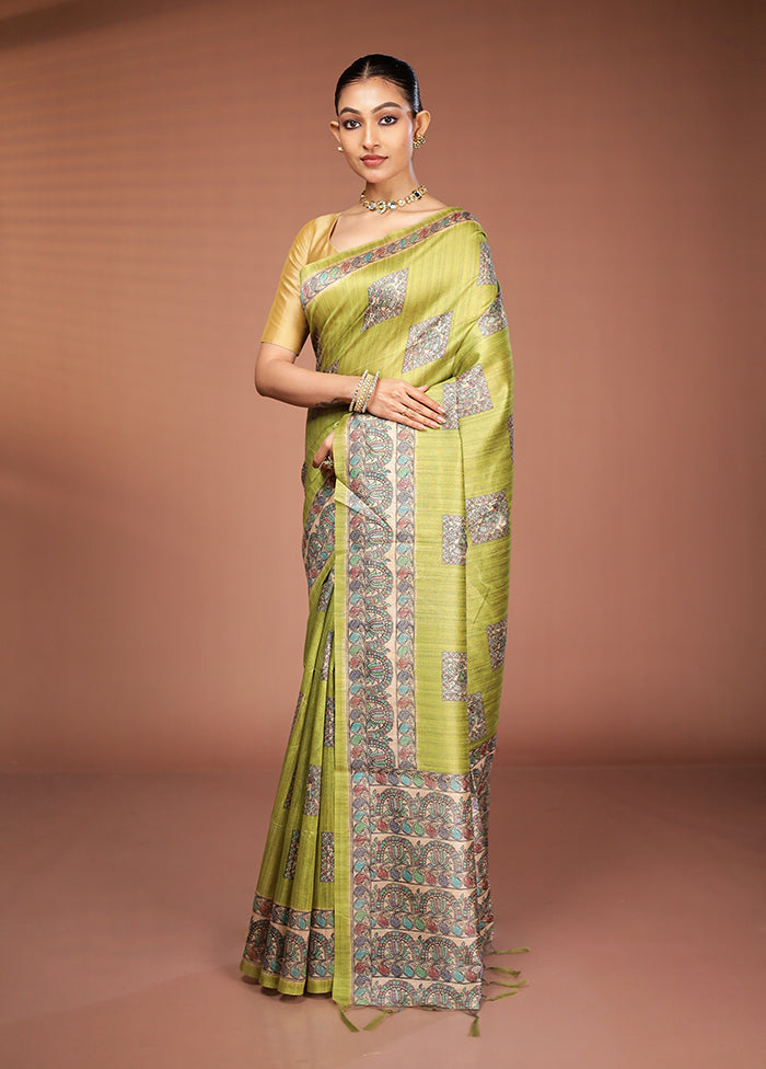 Green Tussar Silk Saree With Blouse Piece