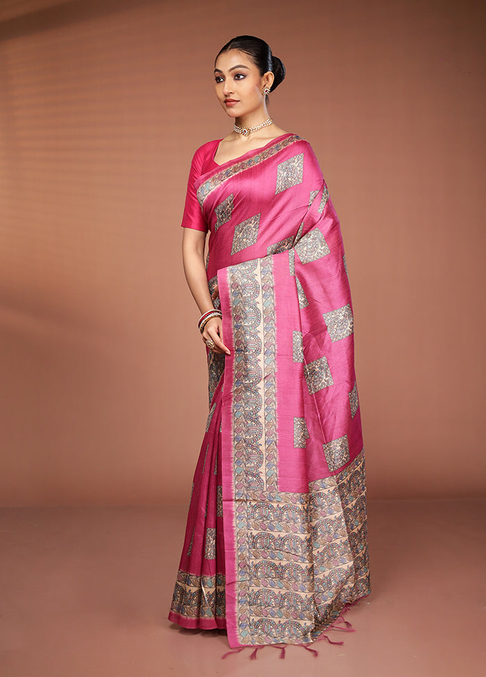 Pink Tussar Silk Saree With Blouse Piece