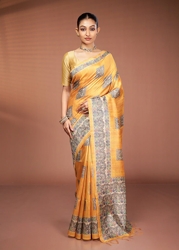 Yellow Tussar Silk Saree With Blouse Piece