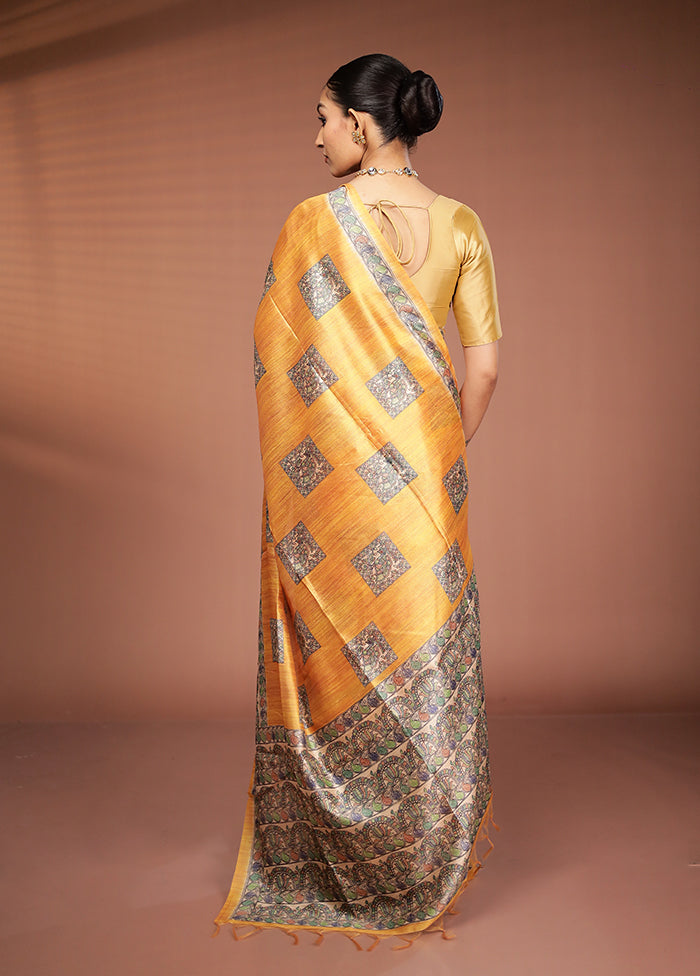 Yellow Tussar Silk Saree With Blouse Piece