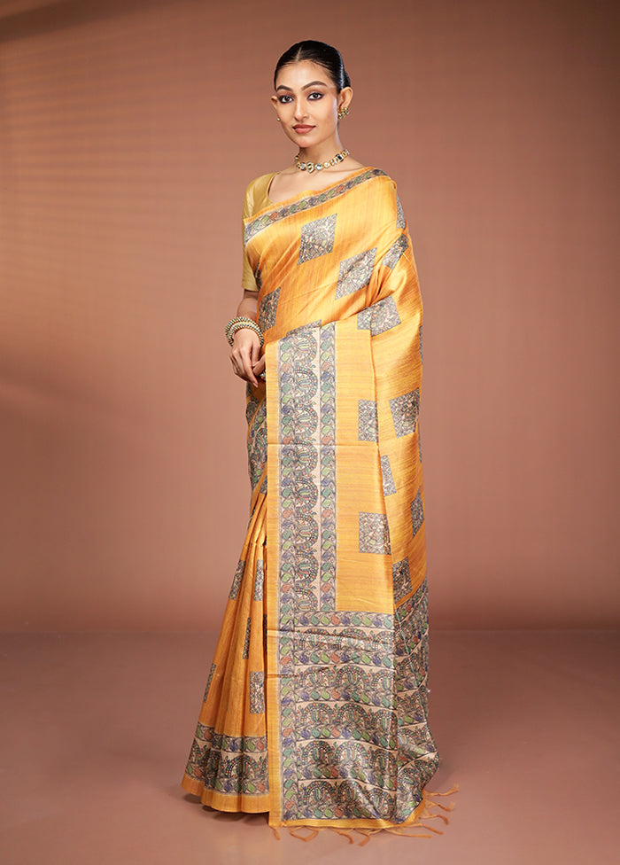 Yellow Tussar Silk Saree With Blouse Piece