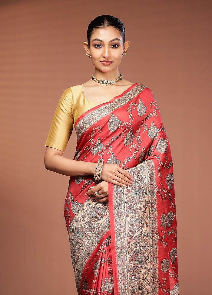 Rust Tussar Silk Saree With Blouse Piece