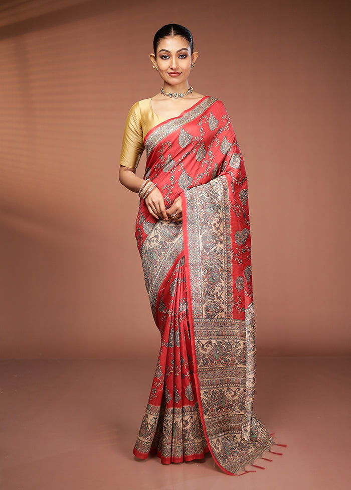 Rust Tussar Silk Saree With Blouse Piece