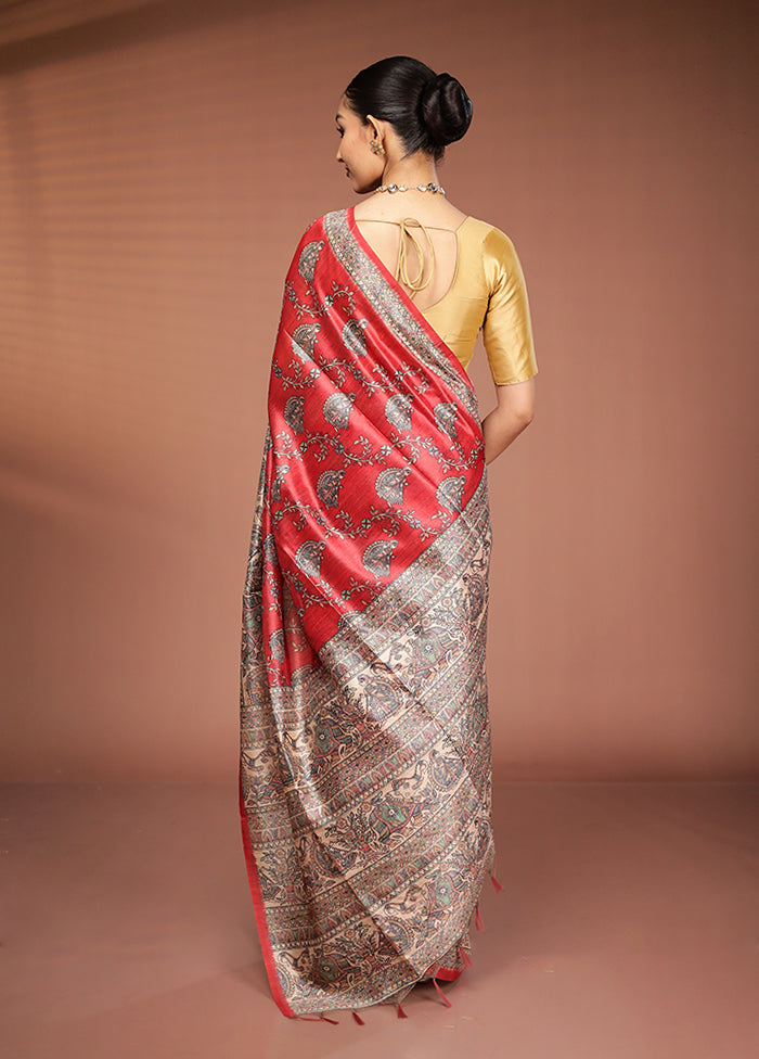 Rust Tussar Silk Saree With Blouse Piece