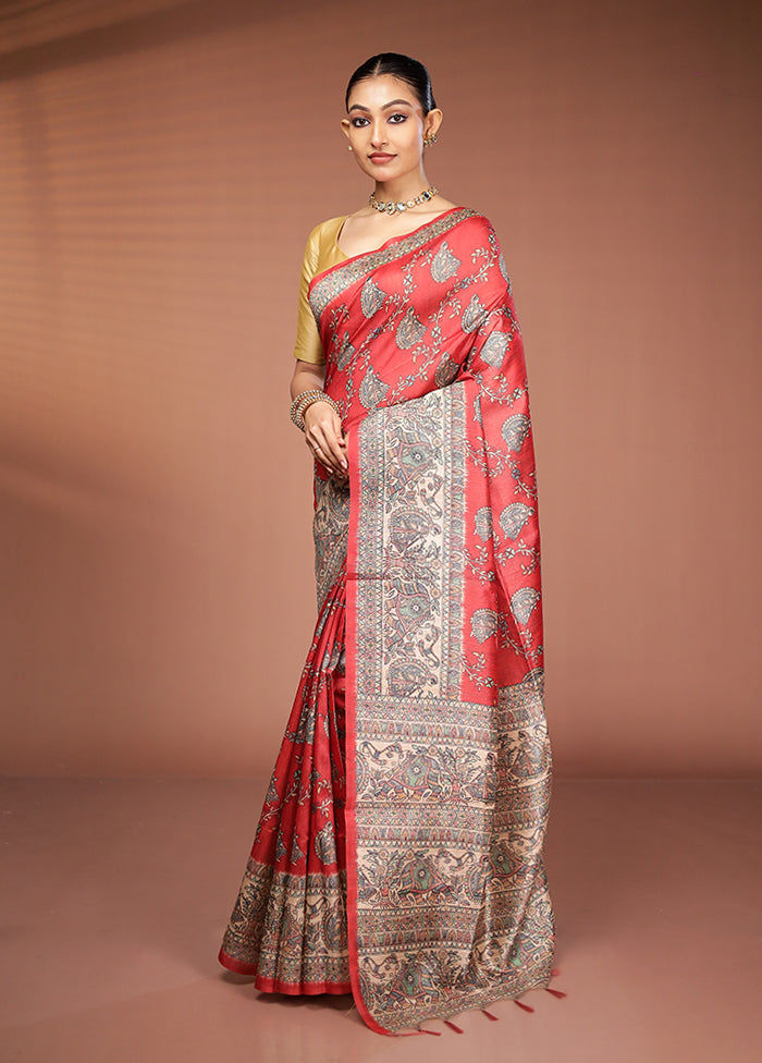 Rust Tussar Silk Saree With Blouse Piece