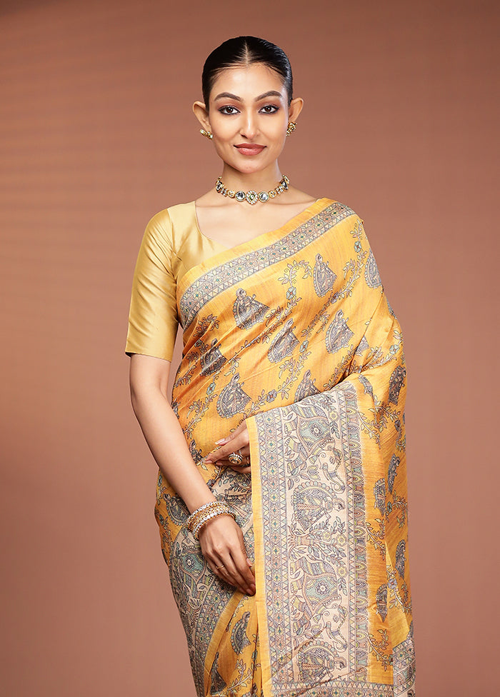 Yellow Tussar Silk Saree With Blouse Piece