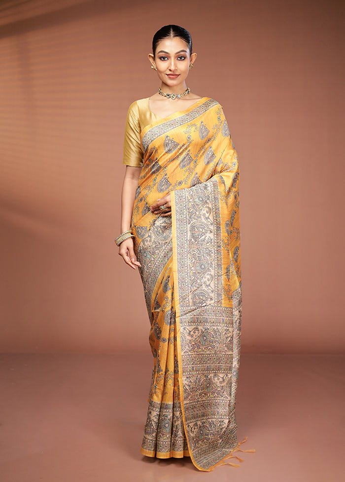 Yellow Tussar Silk Saree With Blouse Piece