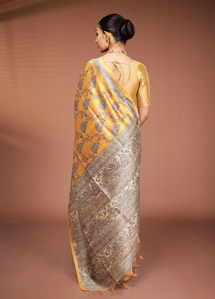 Yellow Tussar Silk Saree With Blouse Piece