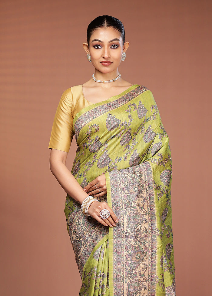 Green Tussar Silk Saree With Blouse Piece