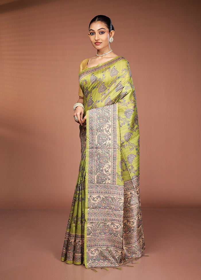 Green Tussar Silk Saree With Blouse Piece
