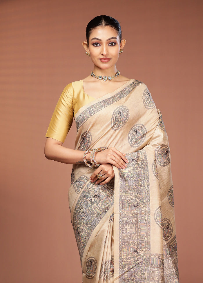 Cream Tussar Silk Saree With Blouse Piece