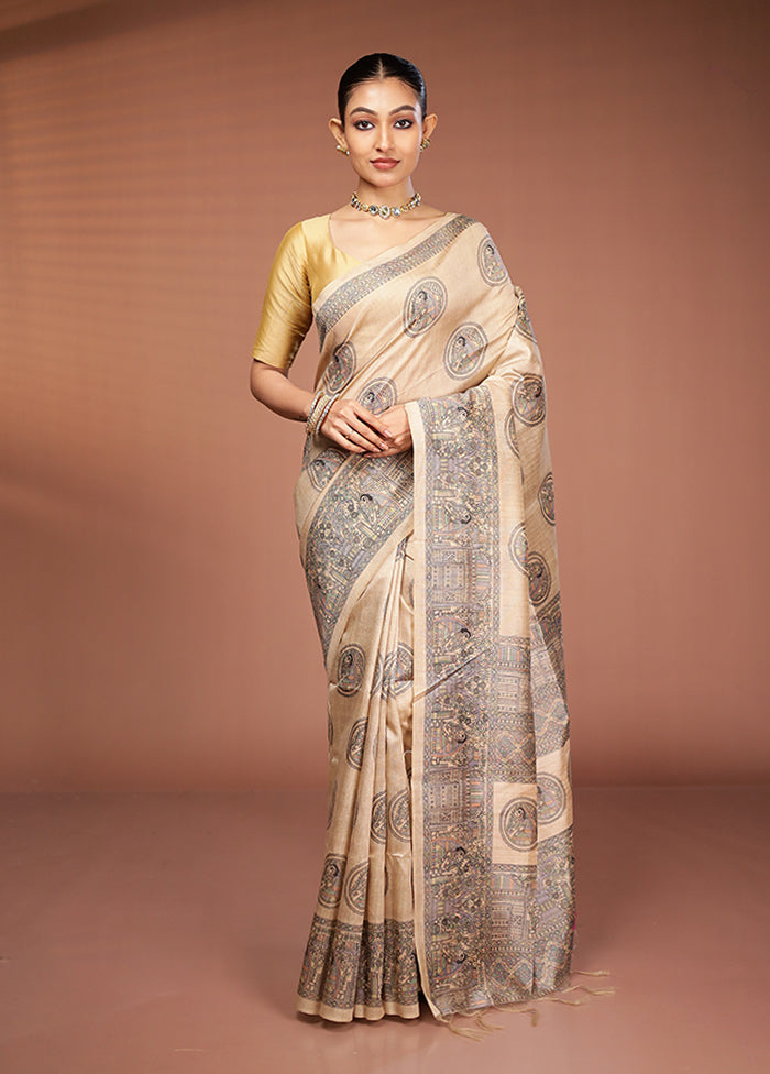 Cream Tussar Silk Saree With Blouse Piece