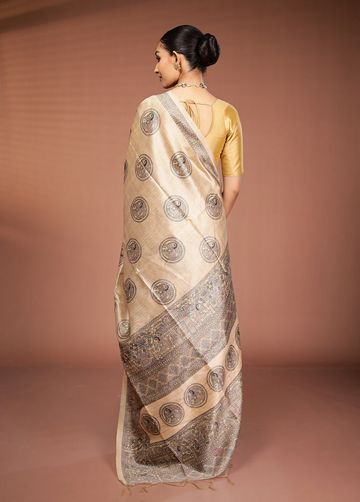 Cream Tussar Silk Saree With Blouse Piece