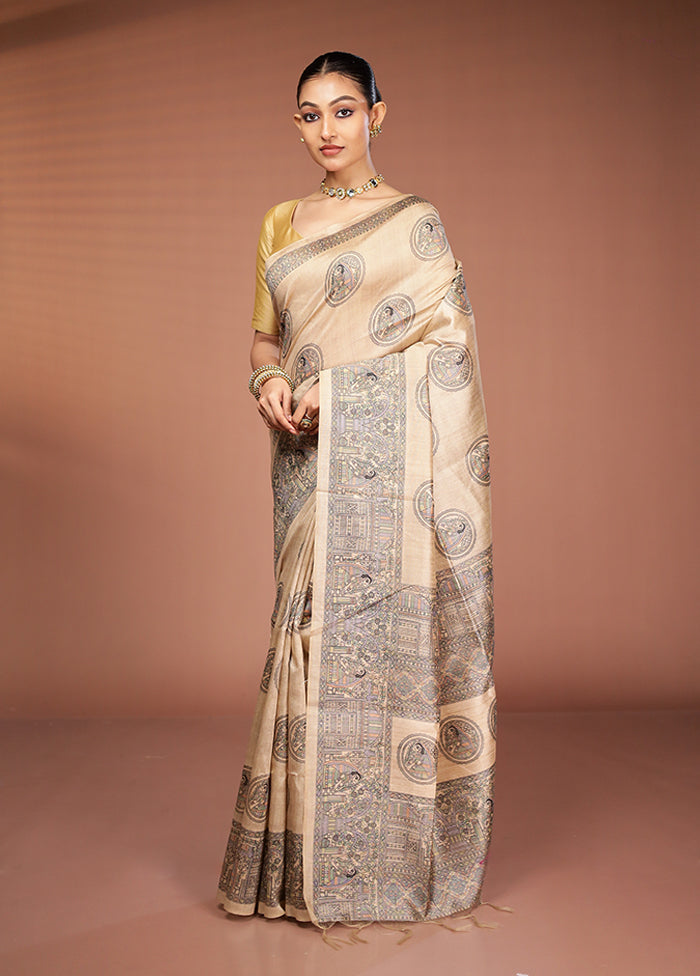 Cream Tussar Silk Saree With Blouse Piece