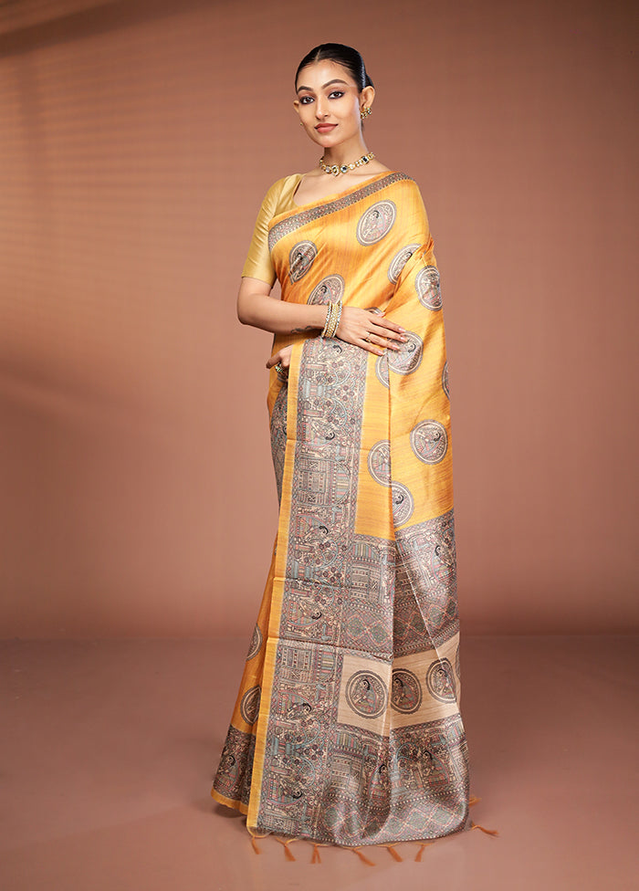 Yellow Tussar Silk Saree With Blouse Piece