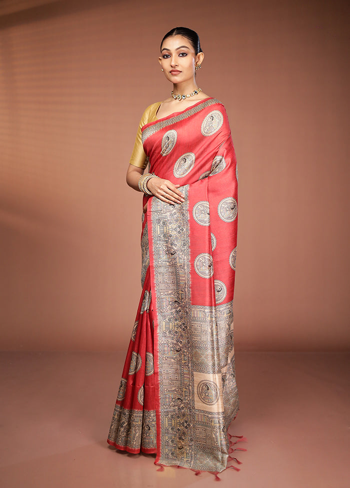 Pink Tussar Silk Saree With Blouse Piece