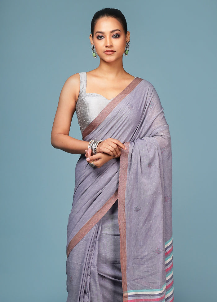 Grey Pure Cotton Saree With Blouse Piece