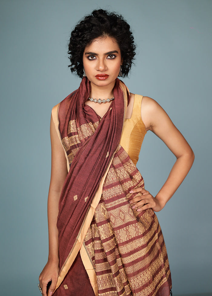 Brown Pure Cotton Saree Without Blouse Piece